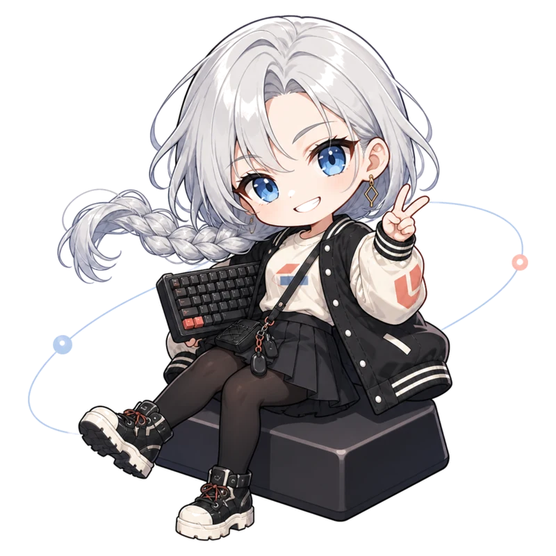 StackOnward original silver-haired character holding a keyboard with a victory pose